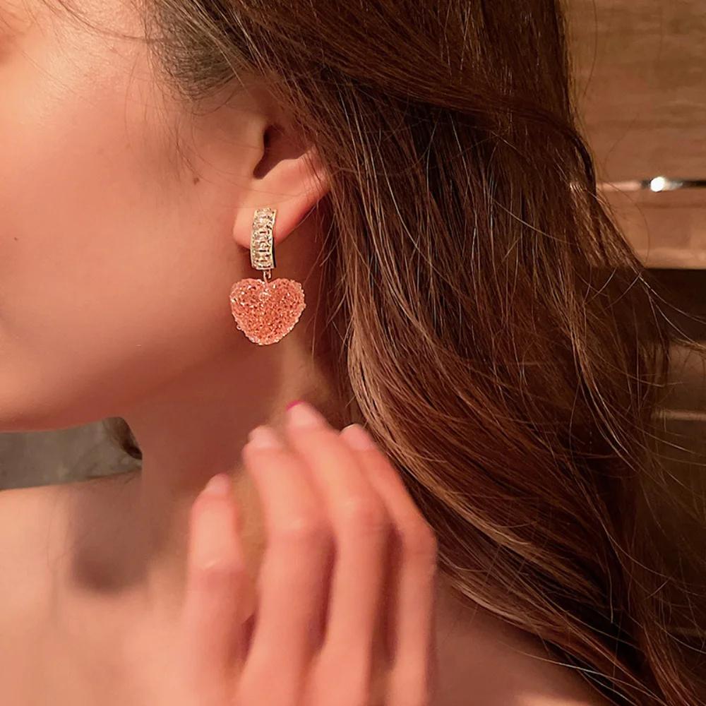 Fashion Cute Lovely Pink Heart Dangle Earrings for Women Girl Korean Trendy Sweet Crystal Peach Heart Earring Party Jewelry Gift