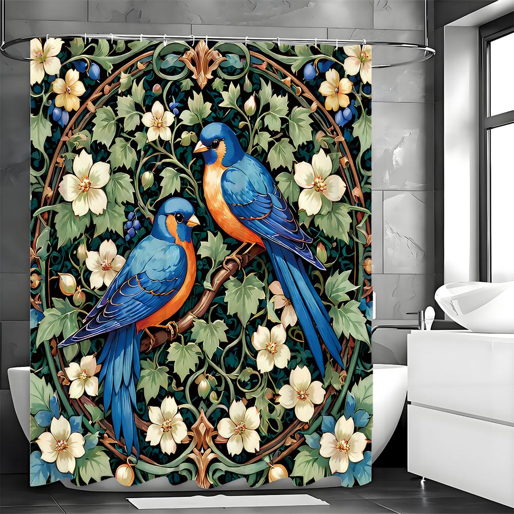 Blue Bird Flower Green Leaf Purple Fruit Shower Curtain, Bathroom Decorative Shower Curtain, Waterproof Shower Curtain with Hook