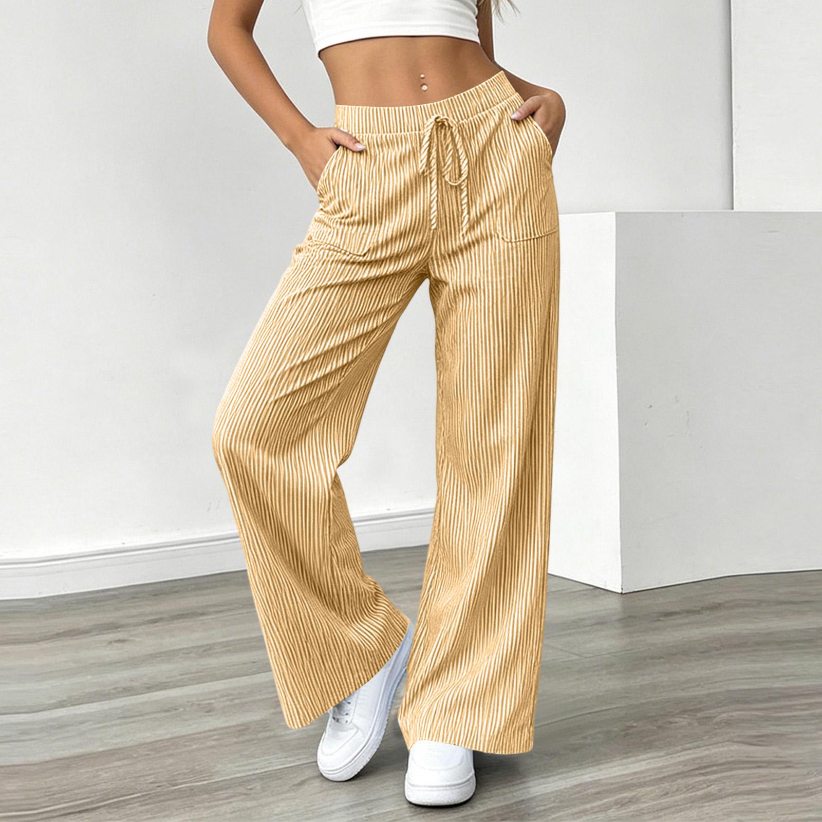 

Women Striped Loose Fit Drawstring Waist Wide Leg Pants with Pockets Casual Relaxed Fit Trousers for Daily Wear Office Home S жовтий