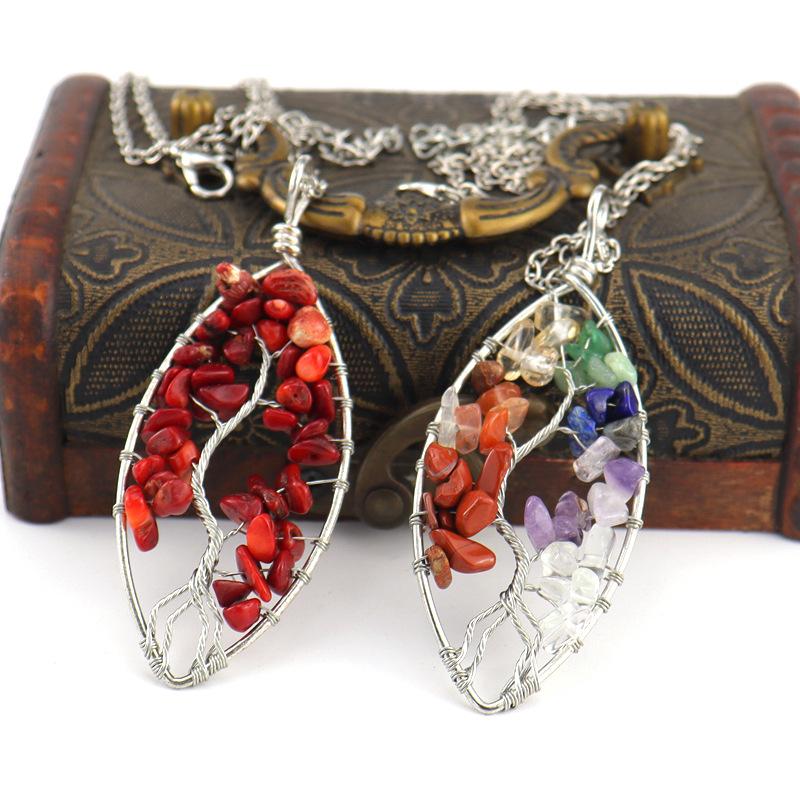 Hand-Wrapped Silver Natural Gravel Tree Of Life Necklace, Curved Crystal Lucky Tree Leaf Necklace N04