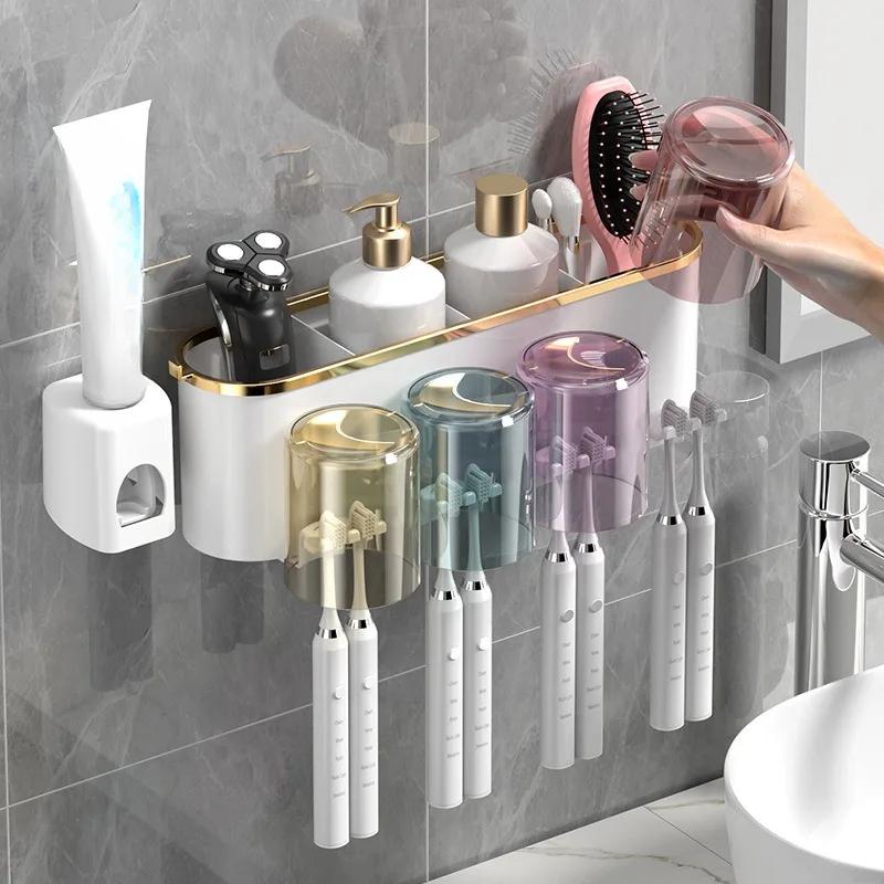 Wall Mount 2-in-1 Toothbrush Holder with Squeezer & Built-in Cup | No Drill Bathroom Organizer for 2-4 Brushes