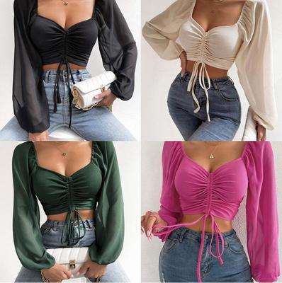 Damen Blusas Sommer Kurze T-shirt Frau Kleidung Langarm T-Shirt Sexy V-ausschnitt Frauen T-Shirt Casual Kordelzug Crop Tops T