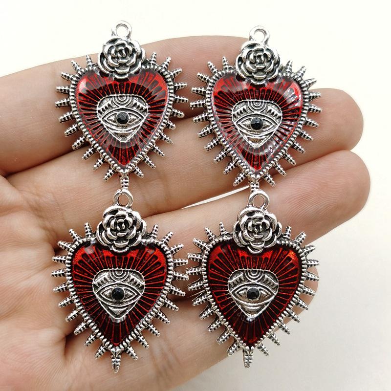 

Gothic Punk Wild Rose Heart Pendant & Blood-Red Eye Drip Earrings Necklace Set