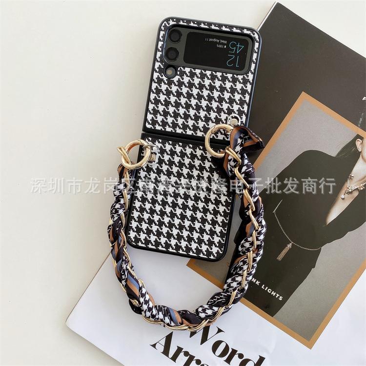 Applicable To Samsung ZFlip3 Plaid Leather Folding Mobile Phone Case ZFlip4 Portable Rope Silk Scarf Back Cover Case Protective Case