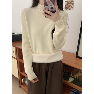 Winter 2025 Semi-turtleneck Knitted Sweater Women's Thickened Integrated Fleece Warm Inner Top Simple Solid Color Bottoming Shirt