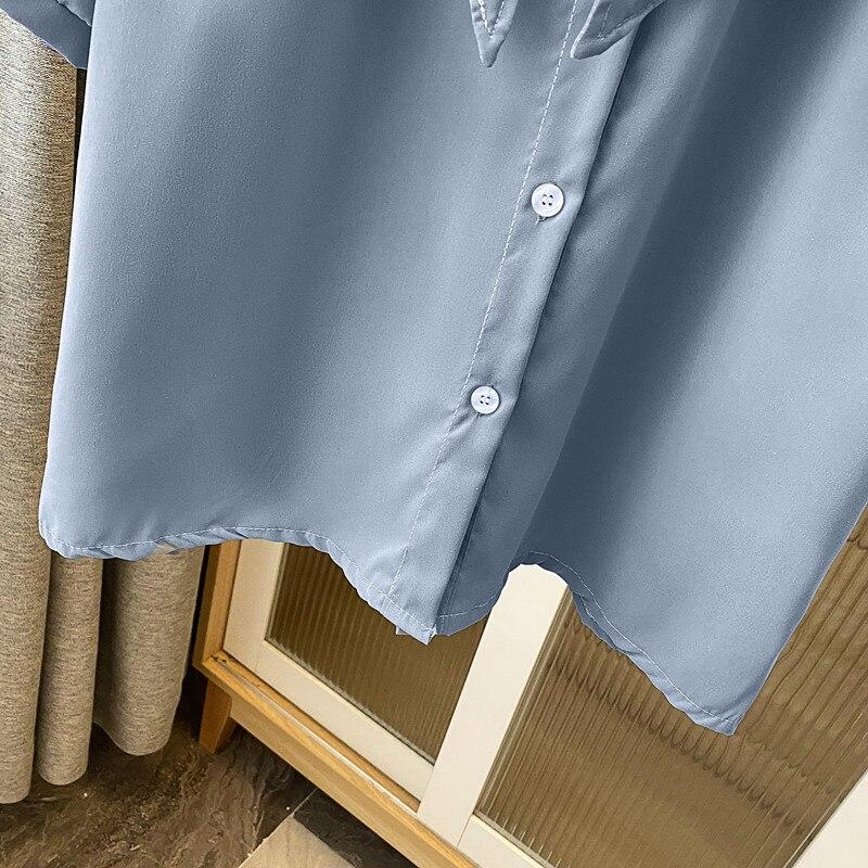 Vintage Blau Peter Pan Kragen Damen Shirts Mode Französisch Kurzarm Sommer Bluse Frauen Button Up Kleidung Tops 27081