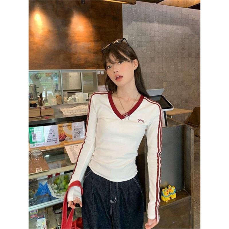 

Autumn Winter V-Neck Slim Striped T-Shirt for Women - Long Sleeve, Color Block, Bow Embroidery XL