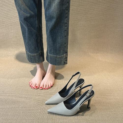 

Fashion French Classic Grey Women Pointed Toe High Heel Sandals Open Back Slim Strap Party Commuter Versatile Shoes 34