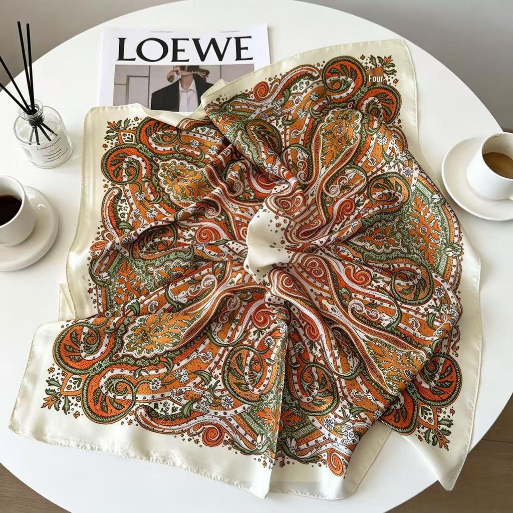 Elegant Women's Silk Scarf: Small, Imitation Silk, Spring & Autumn Neck Warmer, Japanese Style, Square Design.