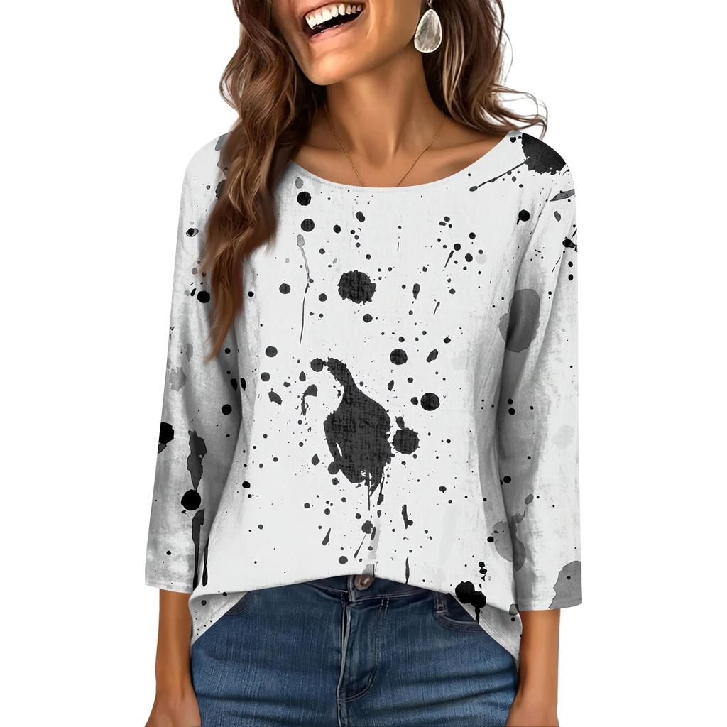 Women's Fashionable Casual Round Neck  3/4 Sleeve  Printed T-Shirt Top