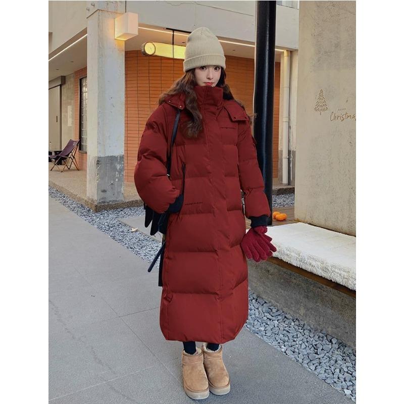 Fashionable and Thickened Red Long Padded Jacket for Women, Winter Outwear Coat with Bread Service Style