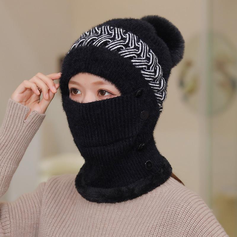 One-piece hat women's hollow knitted plush wool one-piece hat outdoor cycling cold protection ear protection winter