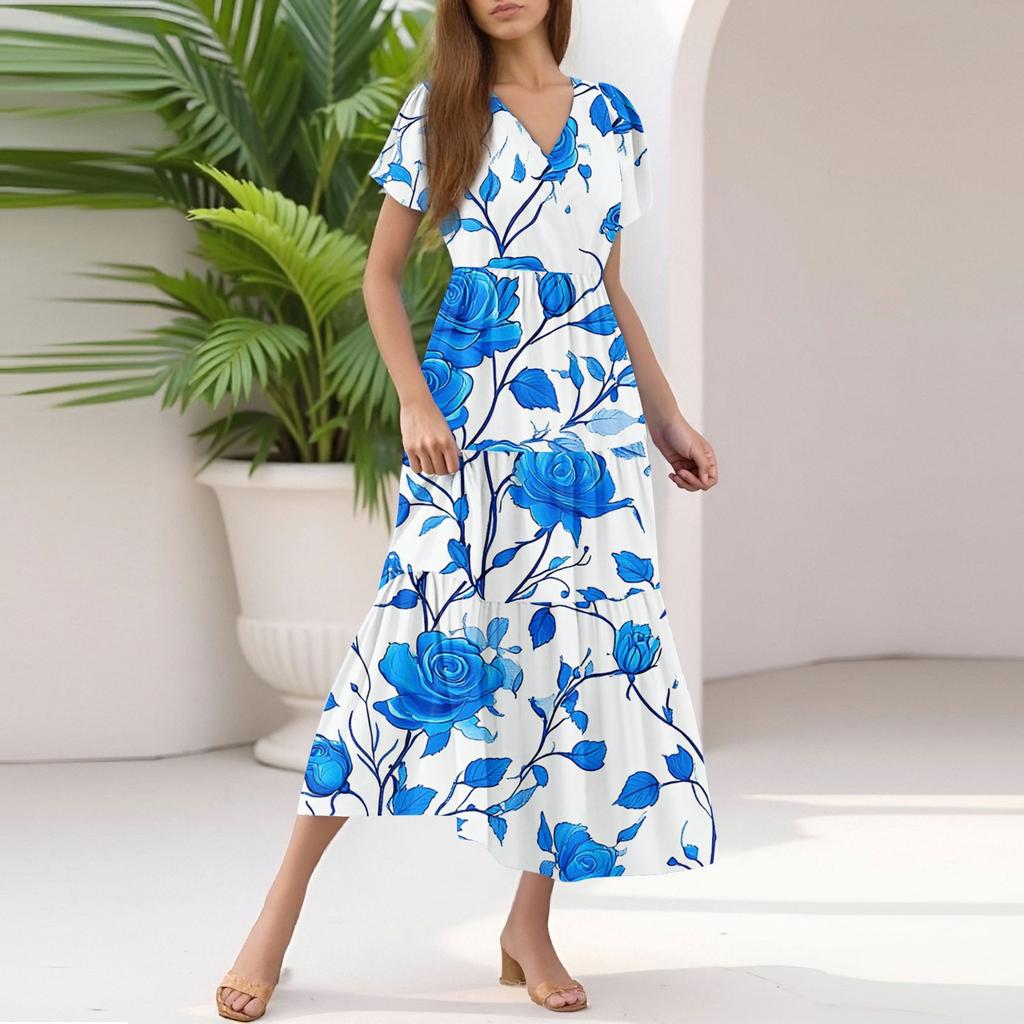 Damen Sommer Casual Mode V-Ausschnitt Rüschenärmel Blumendruck Midi-Kleid