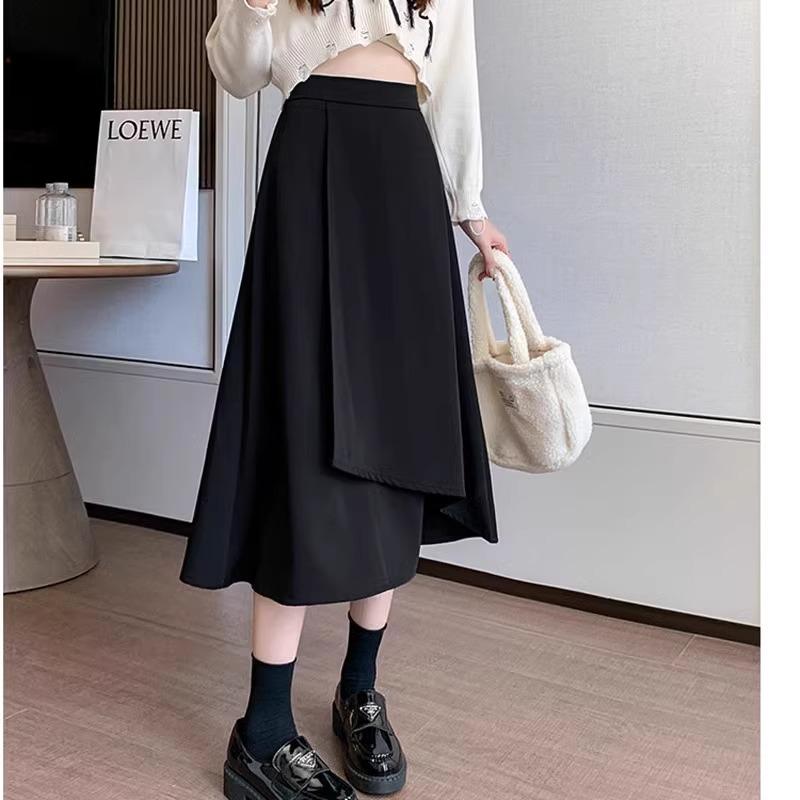 

Миди-юбка А-силуэта с высокой талией - Большой размер, Стройнящая, Неровный подол, Весенний стиль, Идеально подходит для фигуры «груша» 4XL чёрный