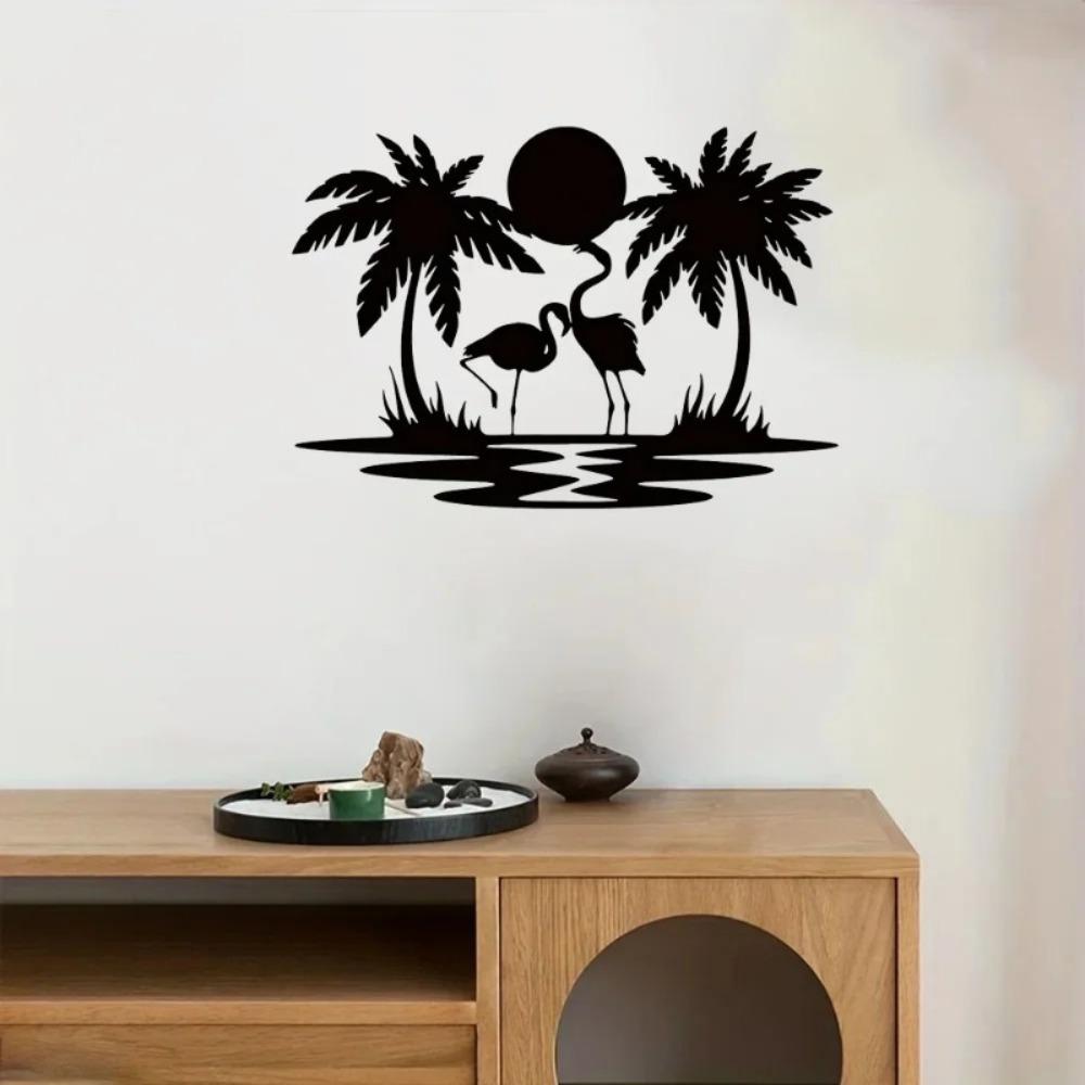 11.81 inch Flamingo Palm Tree Sunset Wall Sign, Iron Art Hanging Hook Metal Decorative Panel for Bathroom Dining Room, Simple Style Sculpture
