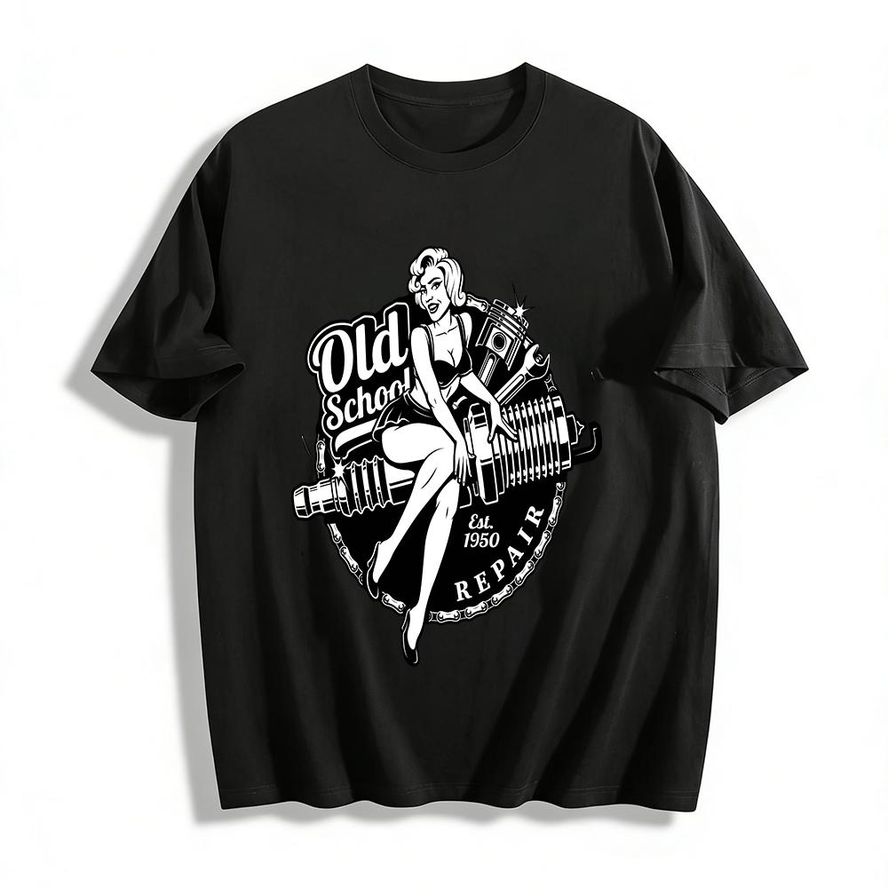 

Vintage Old School Repair Pinup Girl Graphic Casual Tee Pure cotton T-shirt XXS