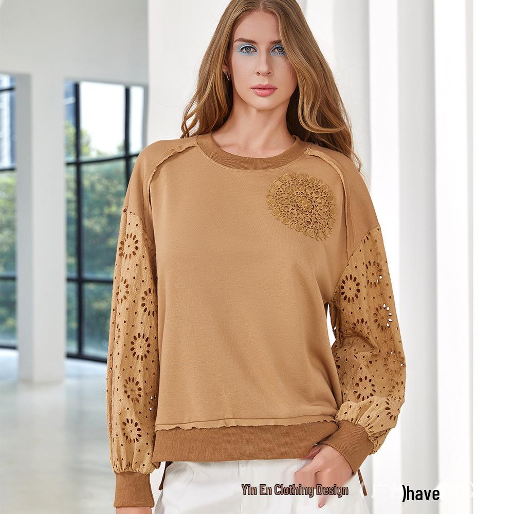 Solid Color Crochet Patchwork Long Sleeve Hoodie