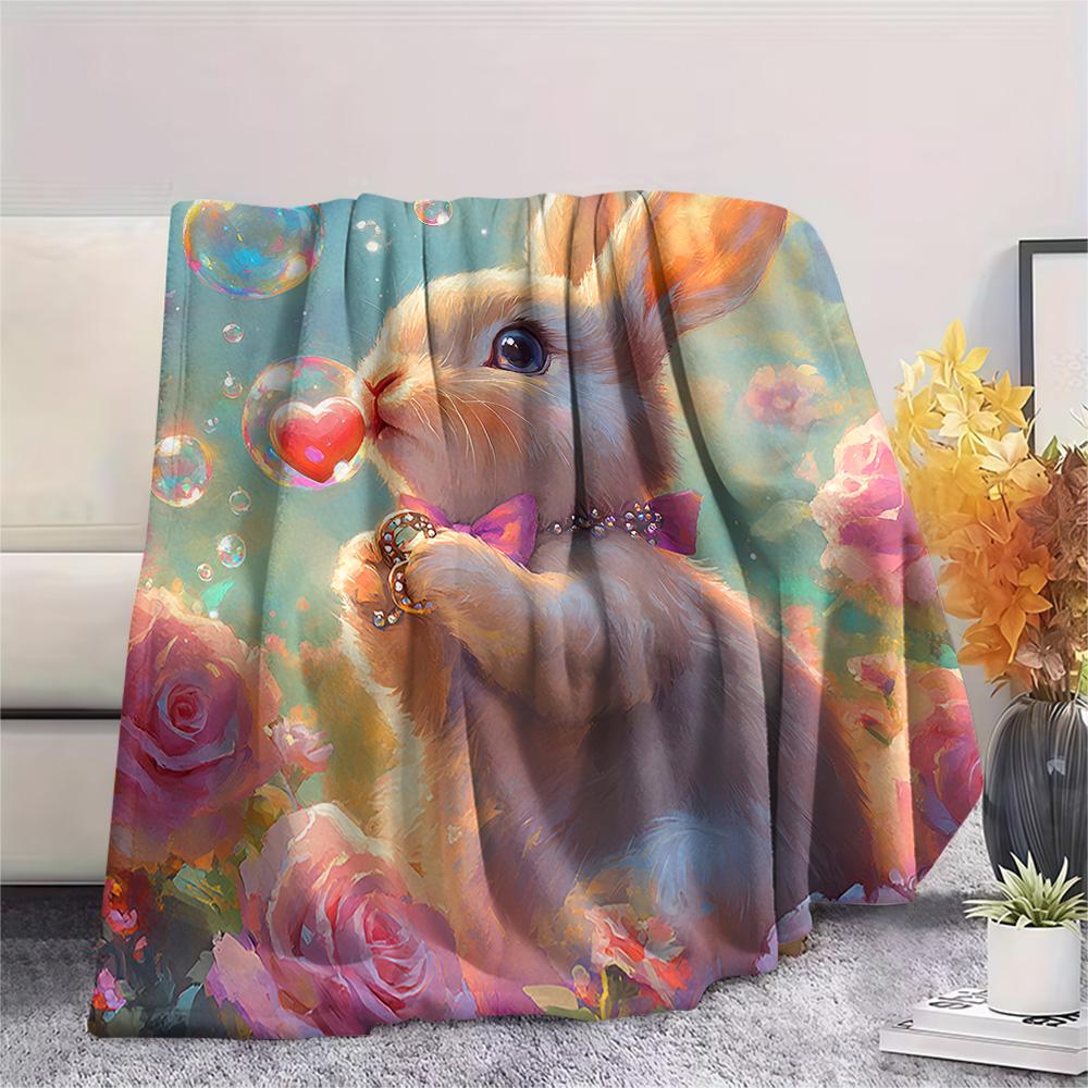 Rabbit Print Flannel Blanket, High quality Comfortable for All Seasons, Home Decor, Warmth and Comfort, Perfect for Christmas Gifts