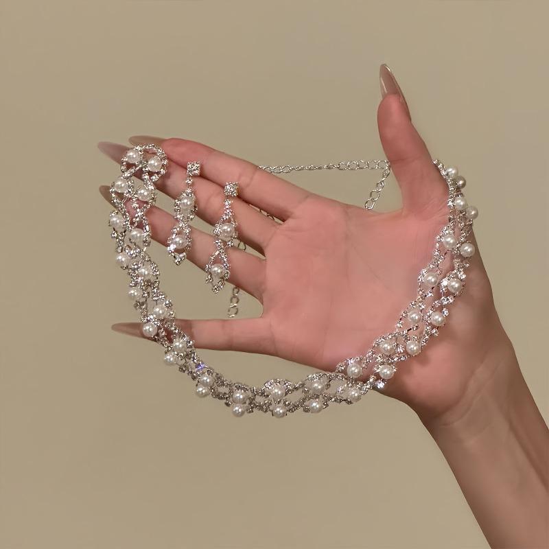 New diamond-encrusted pearl necklace, stud earrings, elegant temperament, light luxury, high-end jewelry set, court-style jewelry.