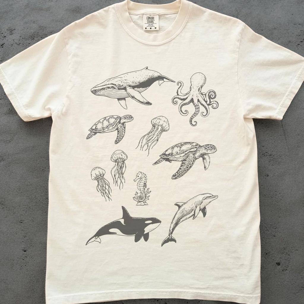 Sea Animal Shirt, Ocean Life Graphic Tee, Comfort Colors Marine Biology T Shirt, Whale Turtle Octopus Dolphin Shirt, Ocean Lover Gift