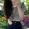 harajuku Vintage stripe Women's T-Shirts pure cotton Short Sleeve black y2k Tops Casual loose Street Clothing Women Summer Tees