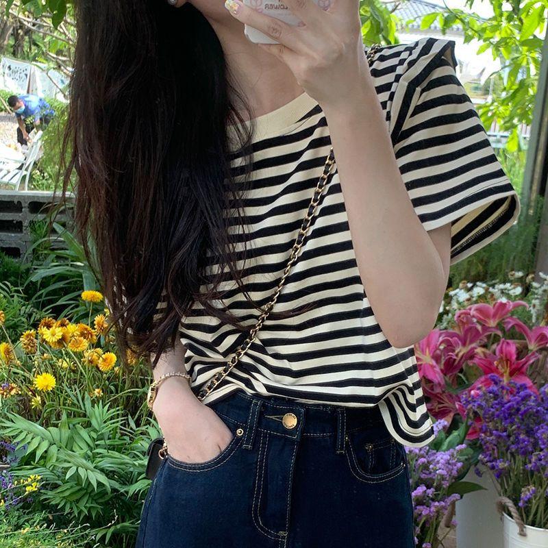 harajuku Vintage stripe Women's T-Shirts pure cotton Short Sleeve black y2k Tops Casual loose Street Clothing Women Summer Tees