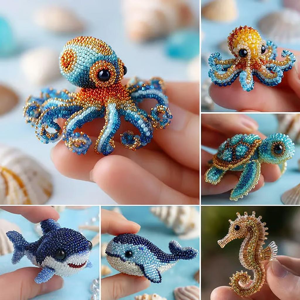 Bead Embroidery Kit, Beginner-Friendly Sea Creature Beaded Embroidery Kits, DIY Animals Three-Dimensional Beadwork Craft Kit