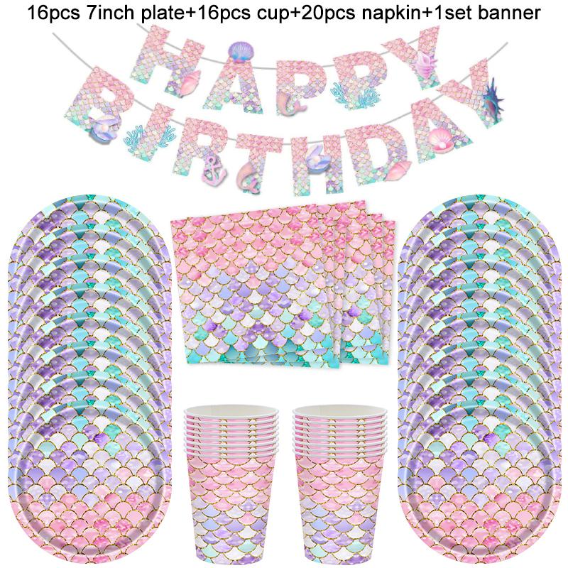 Meerjungfrau Einweggeschirr Set Pappteller Tasse Serviette Tischdecke Kinder Mädchen Kleine Meerjungfrau Geburtstagsparty Dekoration Lieferungen