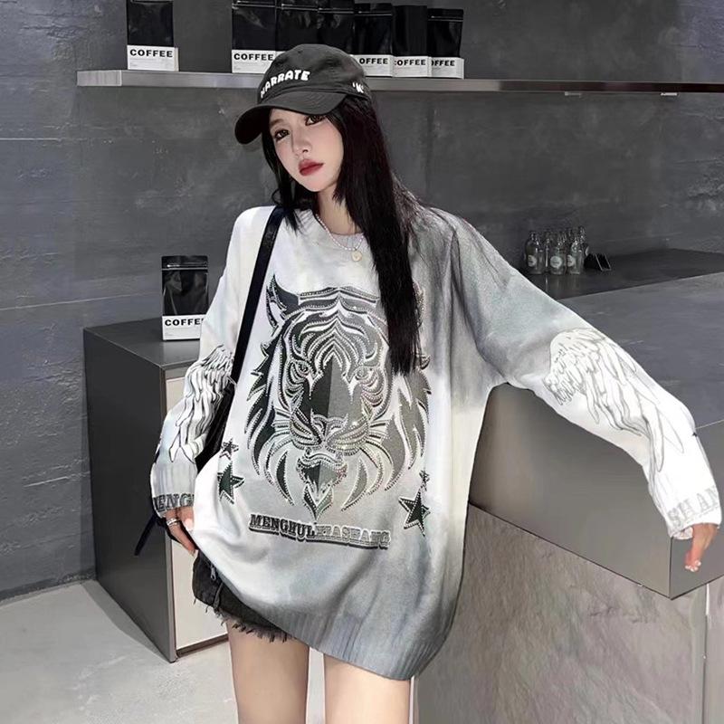 Women's Lightning Tiger Knit Sweater - Rhinestone Loose Fit 2024