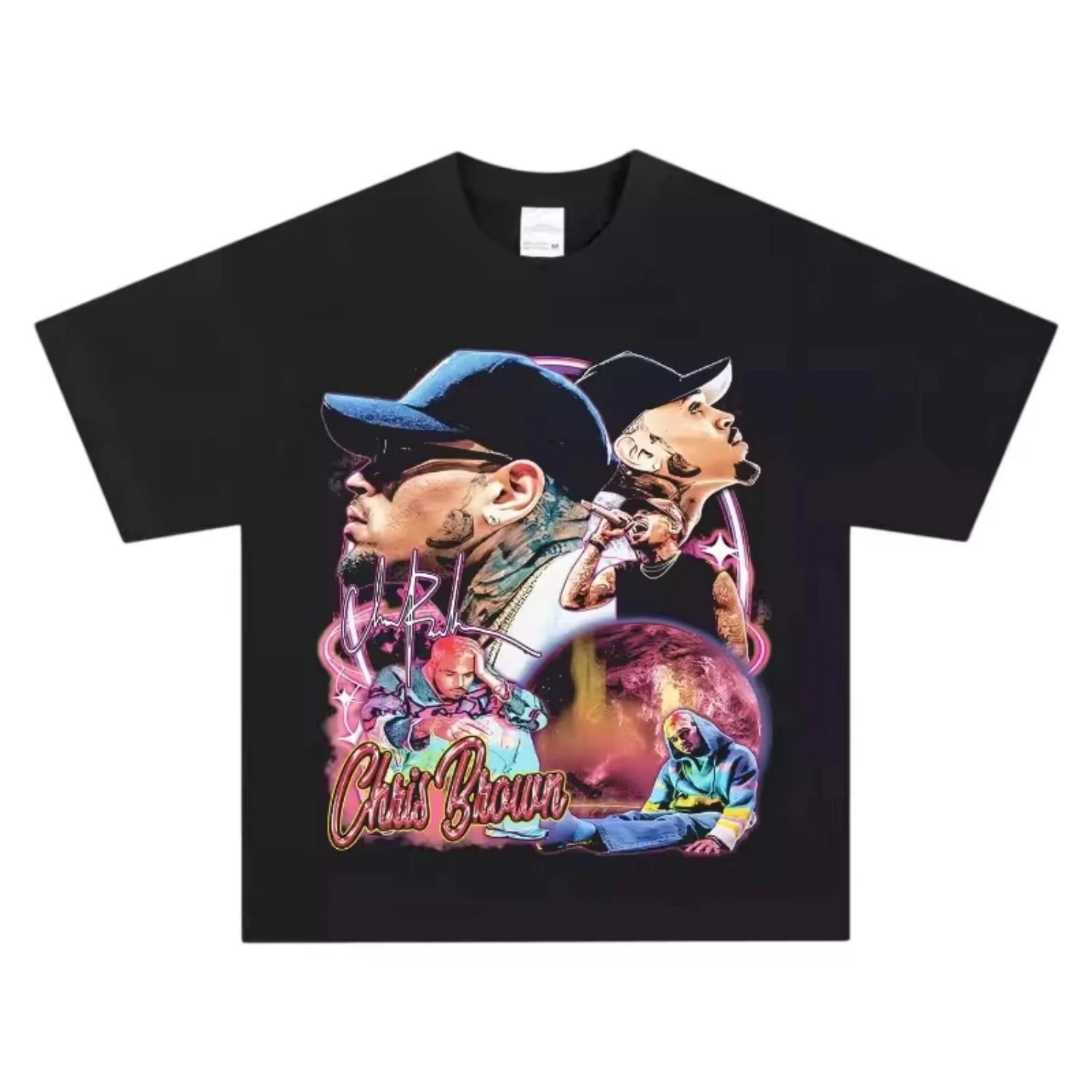 

Chris Brown T-Shirt Unisex Retro Neon R&B Hip Hop Graphic Print Pure Cotton Crew Neck Casual Street Fashion Tops for Men Women S разноцветный