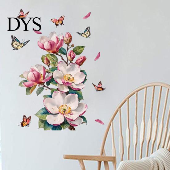 Decorative PVC Wall Murals Magnolia Butterfly Decal, Self Adhesive Waterproof Home Decor Sticker for Creative Gift Living Room Bedroom, Elegant