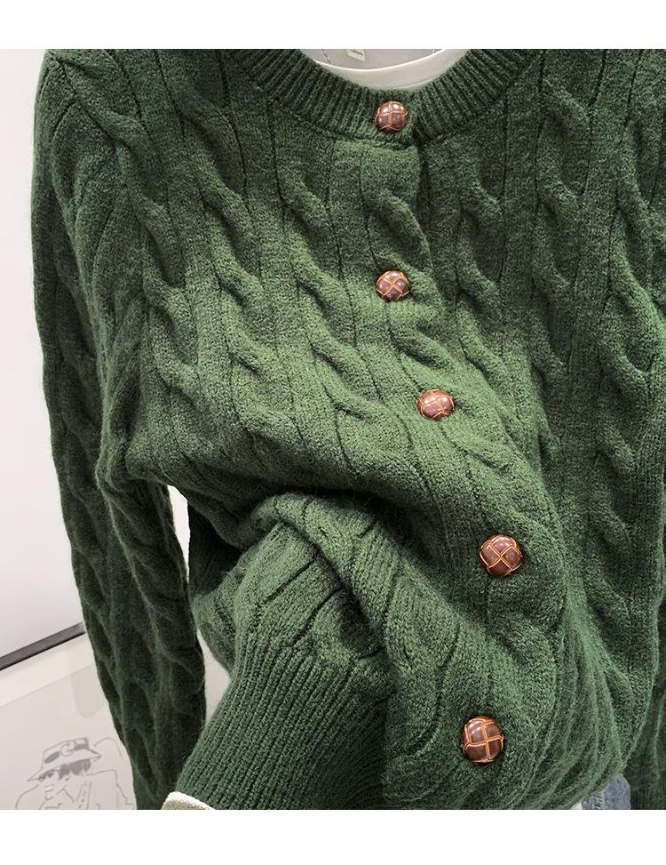 Green Knit Cardigan Sweater Coat - Women's High-End Korean Style Outerwear for Spring and Autumn