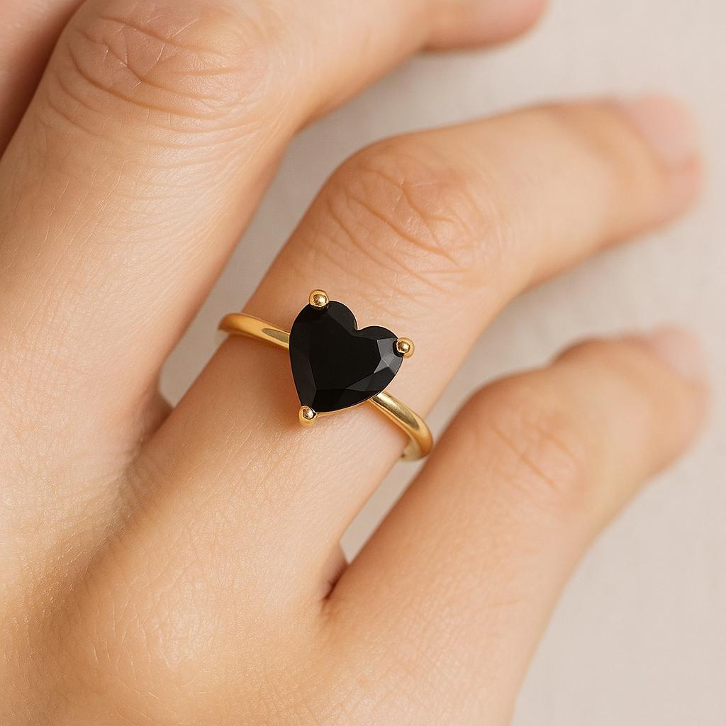 Heart Black Onyx Gold Plated Ring for Women – Bold Elegant Jewelry