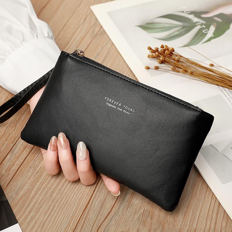 Carteira Longa Ultrafina Feminina Simples e Fashion Cor Sólida Couro PU Carteira com Zíper Grande Capacidade Bolsa de Mão Portátil