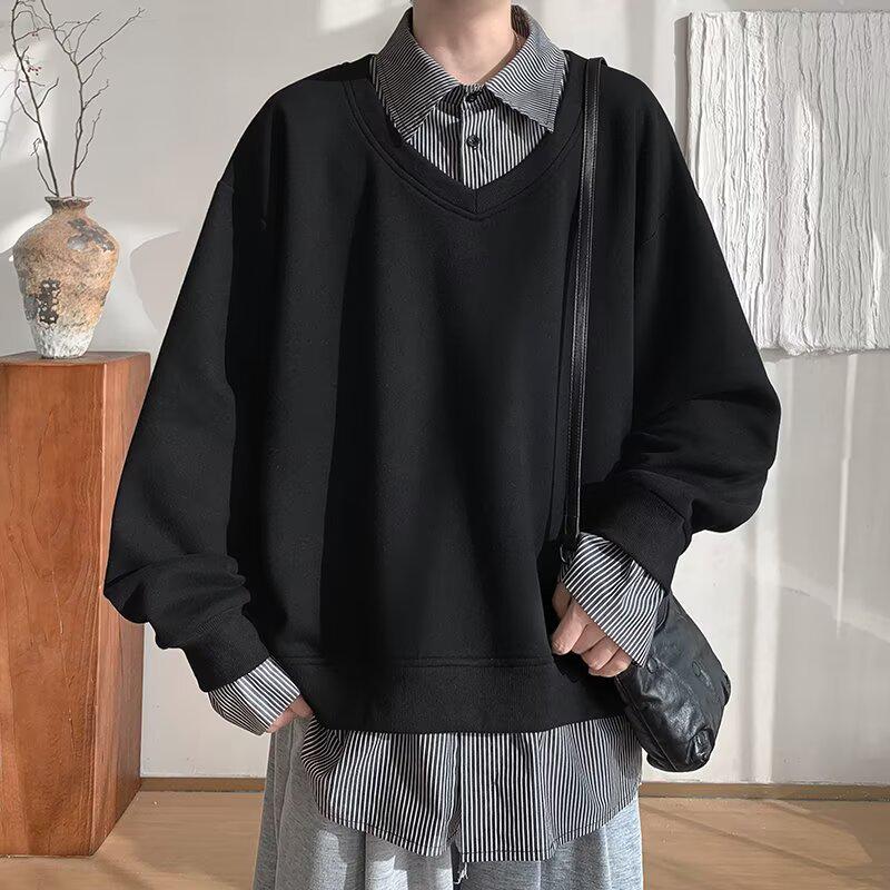 

Мужская ретро полосатая рубашка-свитшот два в одном - Модный свободный топ с длинным рукавом для осени и зимы XL чёрный