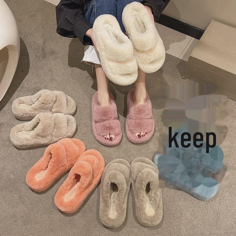 Női Vastag Talpú Szőrmés Papucs - Dupla Csíkos, Ferde Szájú, Őszi/Téli Melegség