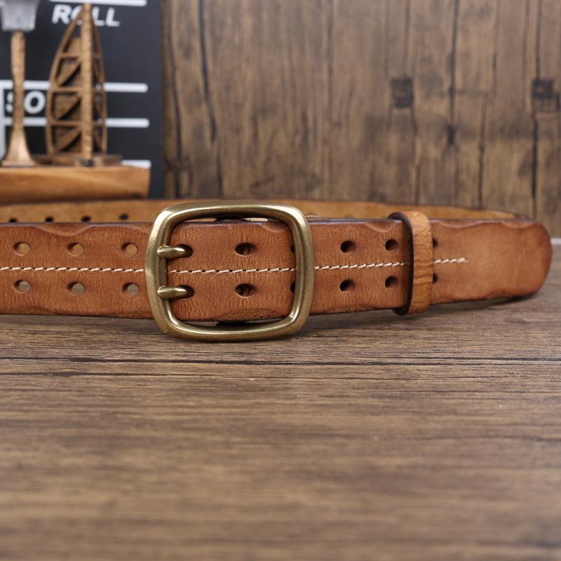 Vintage Style Double-Stitched Copper Buckle Men's Genuine Leather Belt
