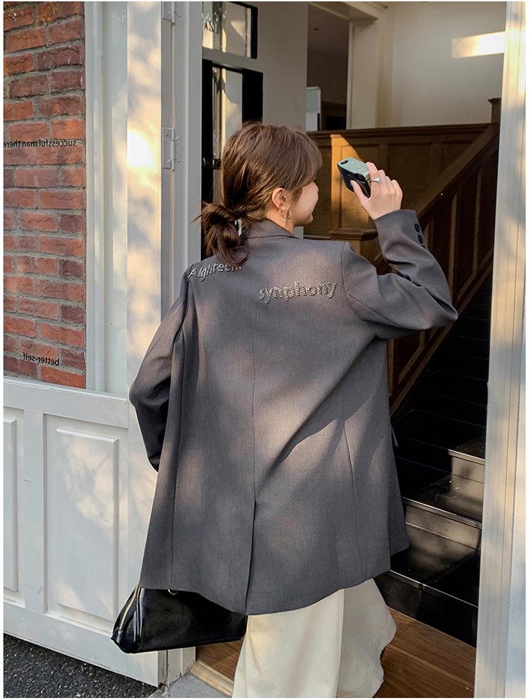 Women's Spring 2025 Fashion Suit Jacket with Rhinestone Lettering - Grey, Casual, All-Match, Loose Fit.