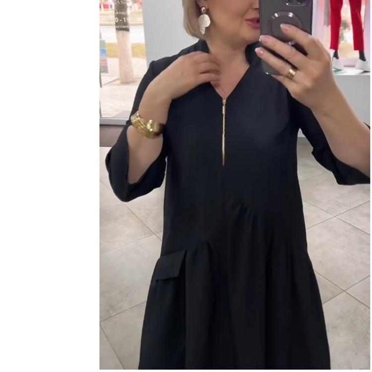 Evropské a americké dámské jednobarevné šaty slim-fit se stojáčkem a zipem s dlouhým rukávem na jaro a podzim