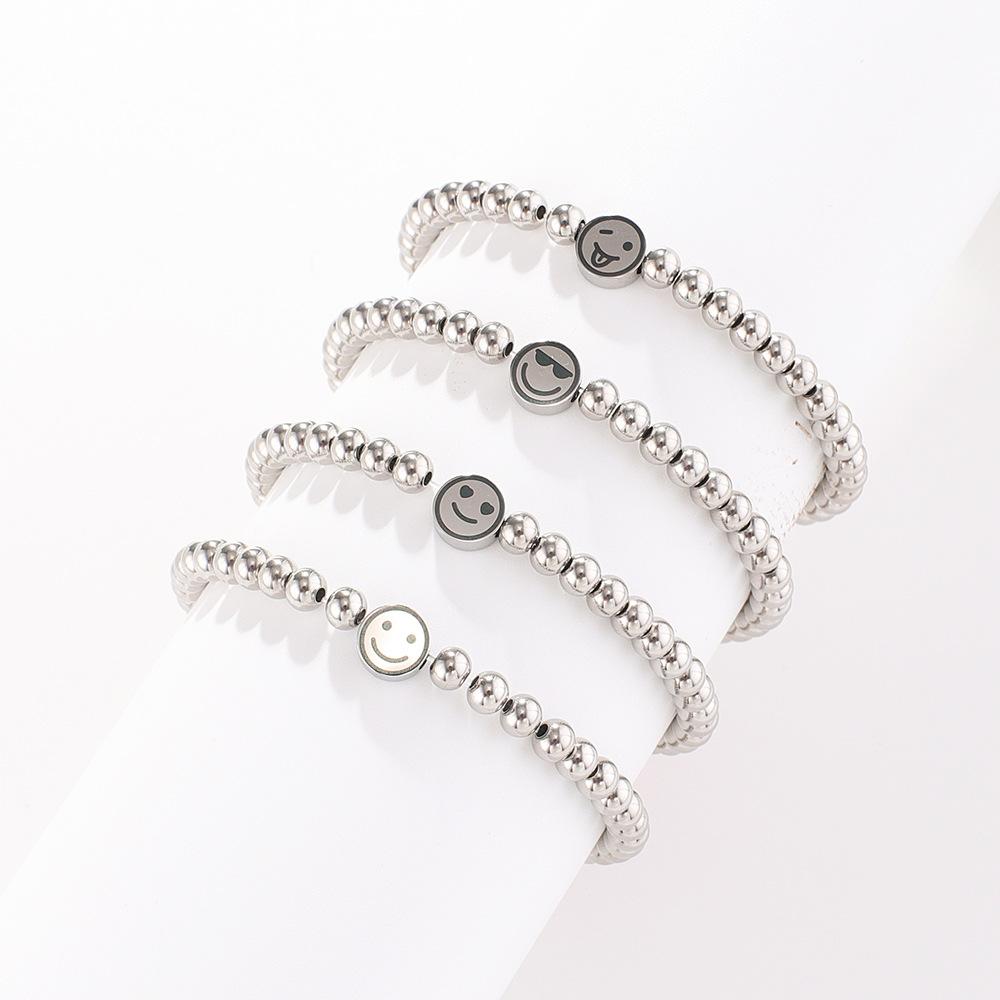 ALTERA New Fashion Stainless Steel Round Beads Elastic Bracelet Smile Face Charm Couple Bracelet for Men/Women BFF Zircon Gift
