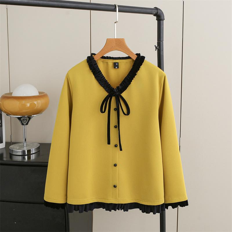 Spring 2026 Plus Size Women s Bow Hoodie - Long Sleeve Wood Ear Collar Casual Pullover 3XL жёлтый