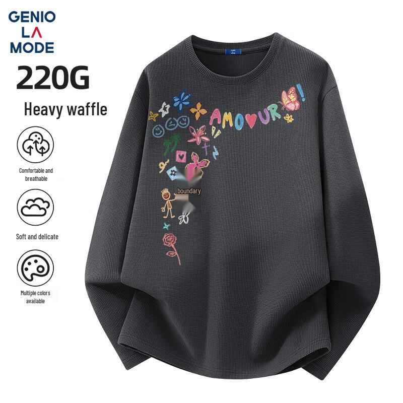 GENIOLAMODE Men s Heavyweight 220G Waffle Knit Long-Sleeve T-Shirt with Print M