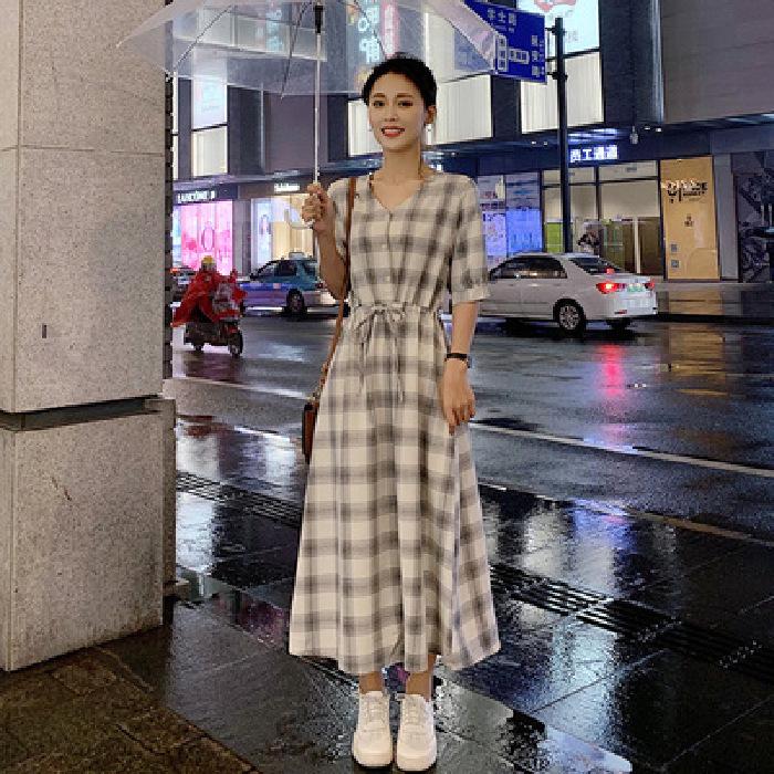 Plaid shirt dress women s new summer long fairy super fairy Mori French long dress waist skirt S