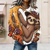 Women Plus Size Round Neck Long Sleeve Sloth Pumpkin Printed Top Curved Hem With Pockets