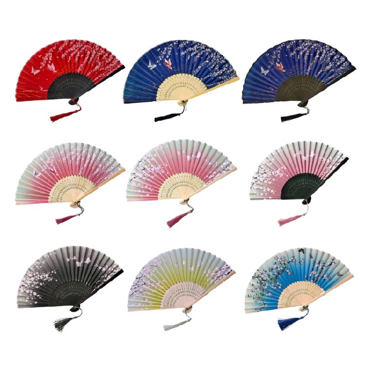 Folding Hand Fan with Tassels for Women Prom Parties Flower Butterfly Pattern Chinese Traditional Hand Fan for Collector