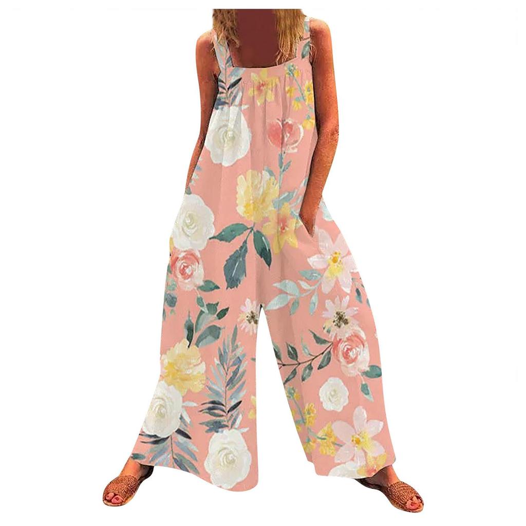 2026 Summer Plus-Size Women's Printed Strappy Wide-Leg Jumpsuit
