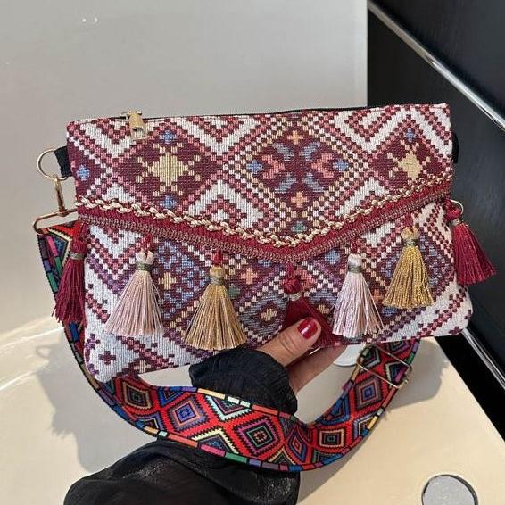 Ethnic Style Tassel Womens Shoulder Bag With Nylon Lining For Casual Travel