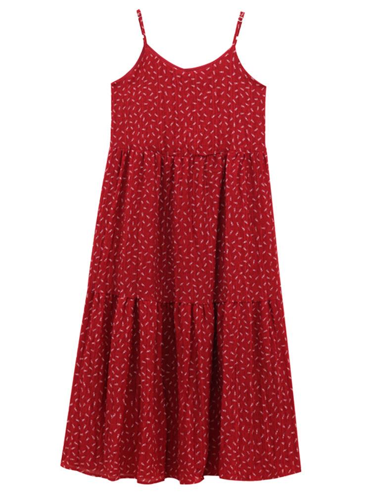 Retro Floral Red Suspender Dress Women's Summer New Waist A Word Thin French Temperament Long Dress