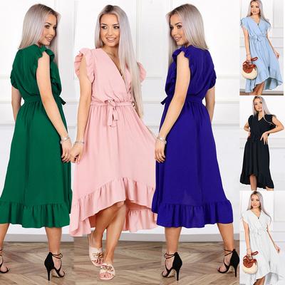 Women Solid Color Evening Party Ruffled Sleeveless V Neck Chiffon Midi Dress