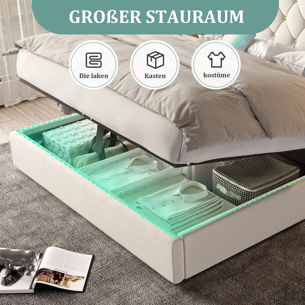 (Old SKU:W1880S00074) Bed Frame, Long Headboard, Velvet Material, USB Ports, Desk Lamp, Hydraulic System, Storage Underneath, 160 x 200 cm, Beige
